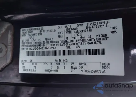 2014 Ford Escape Se z USA, uszkodzony, nr VIN 1FMCU9G94EUA02243